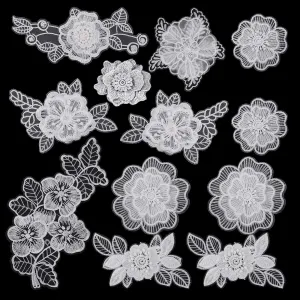 12 PCS Flower Applique White Lace Embroidered Flower Patches for Clothes 3D Floral Sew on Patches for Women'S Dress Jeans Sweater Hats Shoes Bags Clothes Repairing Decorating Wedding DIY Sewing Craft