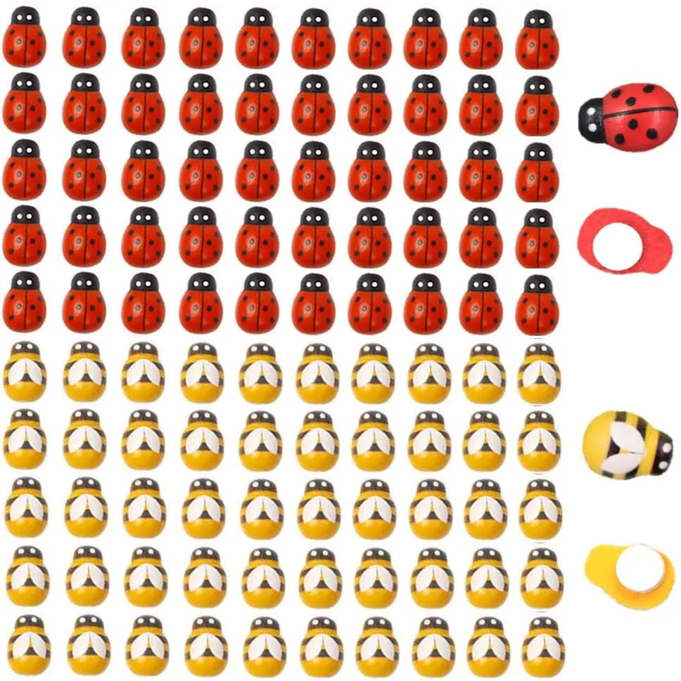120Pcs Wood Bees and Wood Ladybugs Flatback Bees Wooden Ladybugs Self-Adhesive Embellishments for Craft Scrapbooking Baby Shower Birthday Party Decoration