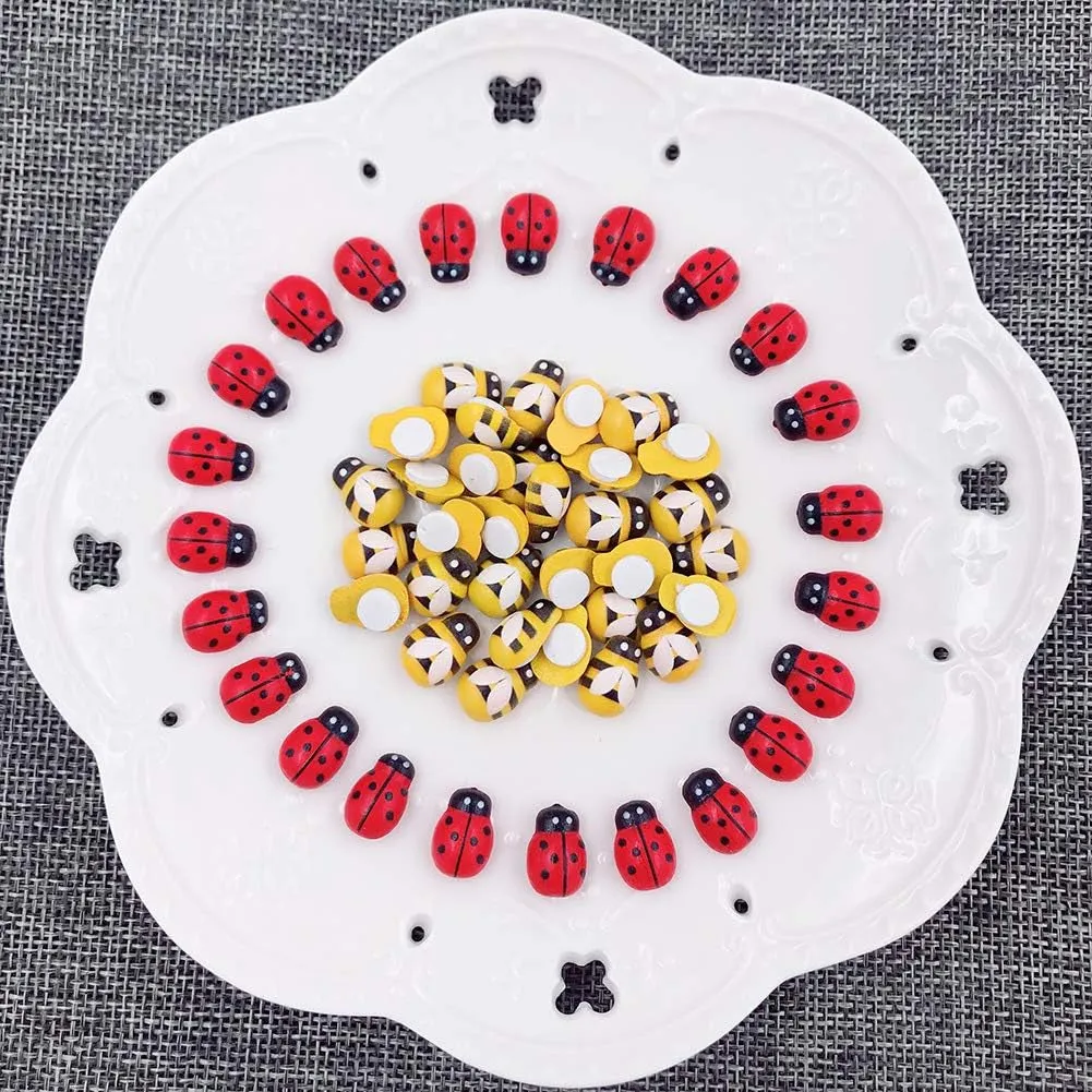 120Pcs Wood Bees and Wood Ladybugs Flatback Bees Wooden Ladybugs Self-Adhesive Embellishments for Craft Scrapbooking Baby Shower Birthday Party Decoration