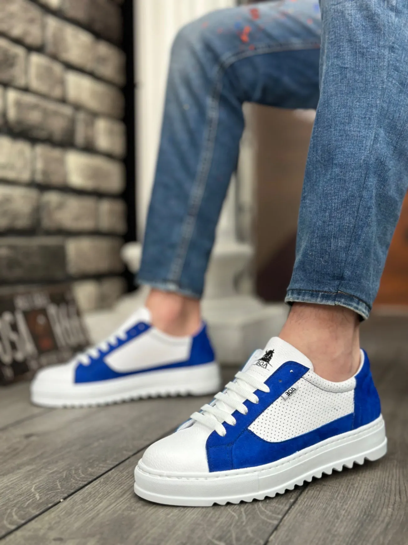 BA0323 Thick Serration High Sole White Blue Lace-Up Sports Men's Shoes
