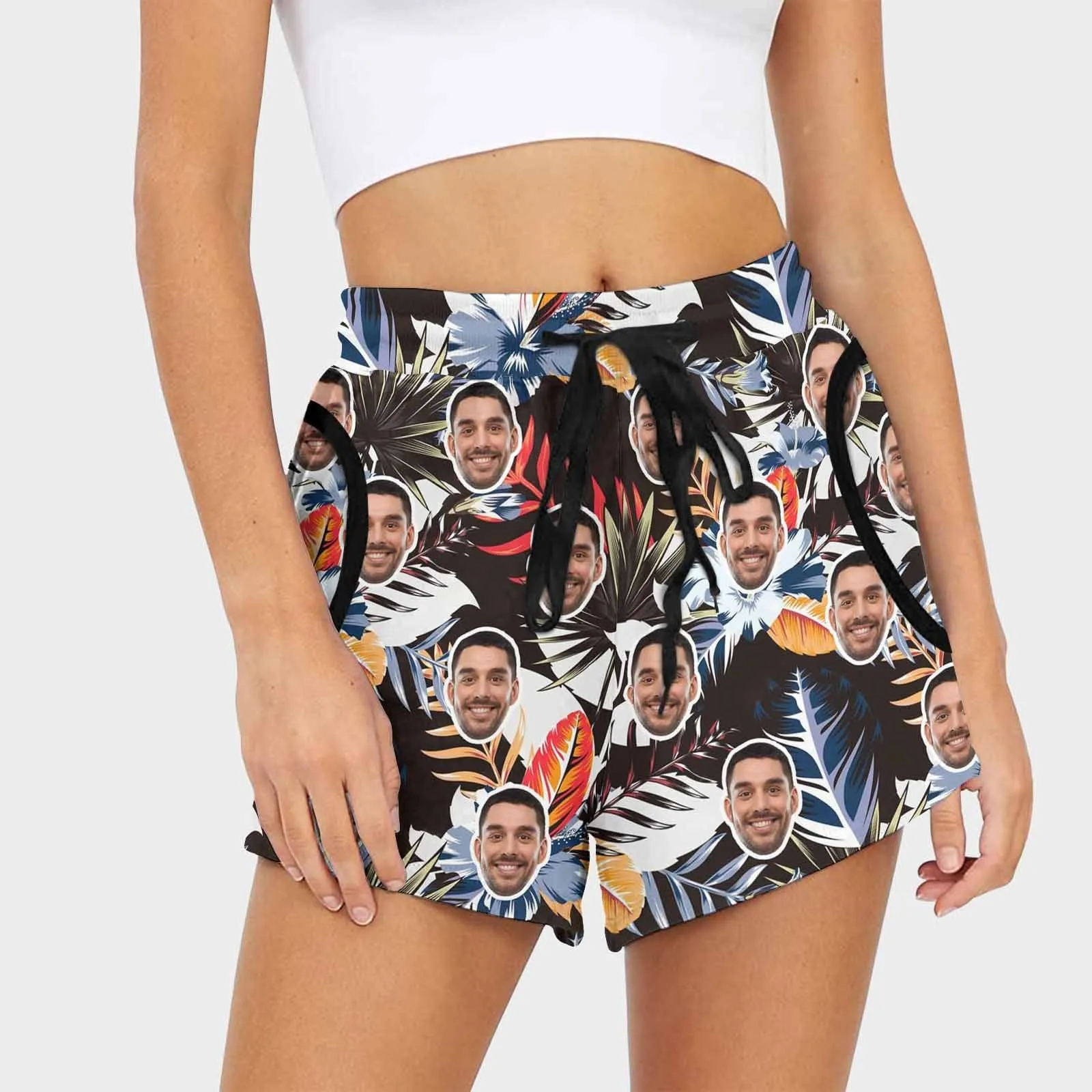 Custom Face Tropical Leaves Mid-Length Board Shorts Swim Trunks for Her Create Your Own Personalized Shorts