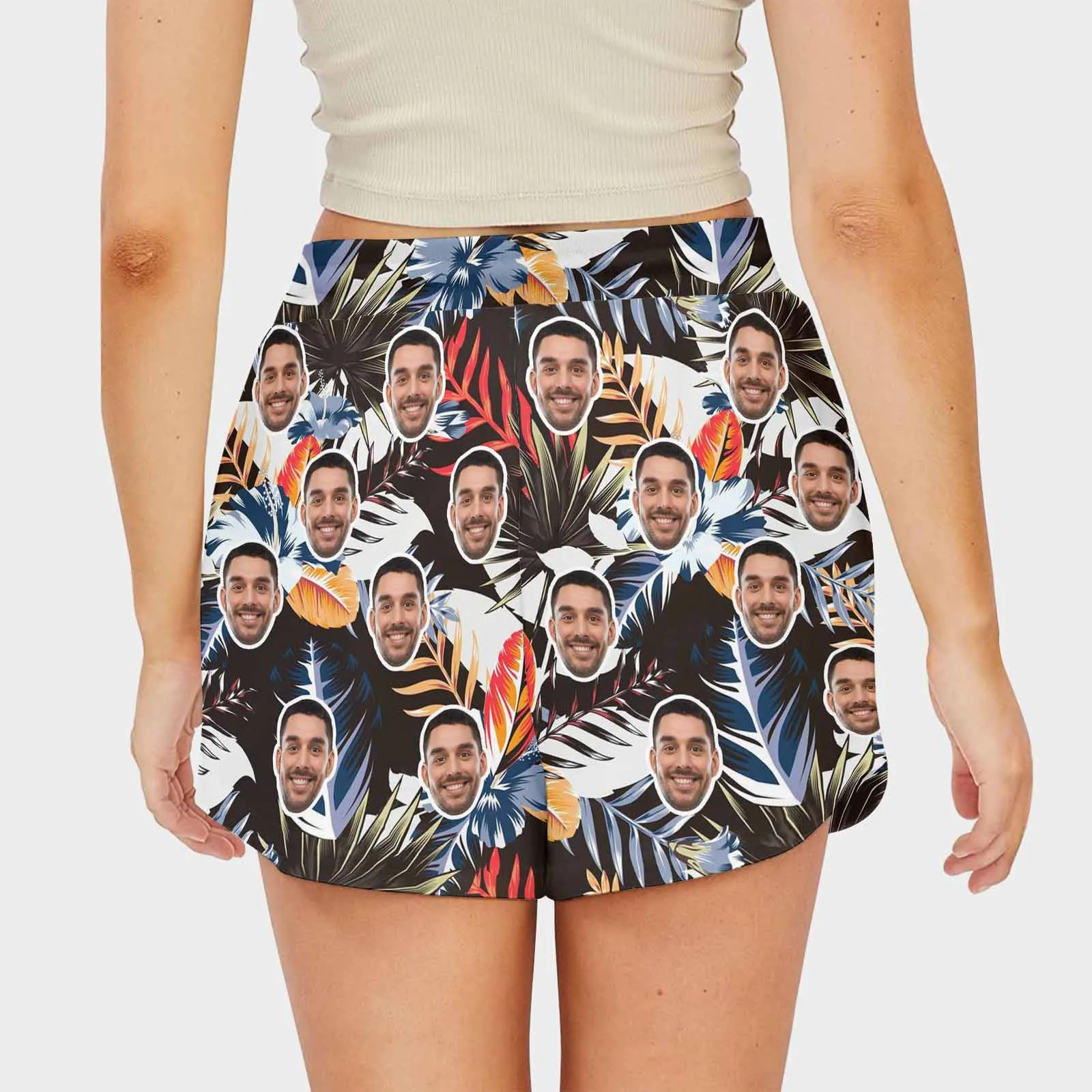 Custom Face Tropical Leaves Mid-Length Board Shorts Swim Trunks for Her Create Your Own Personalized Shorts