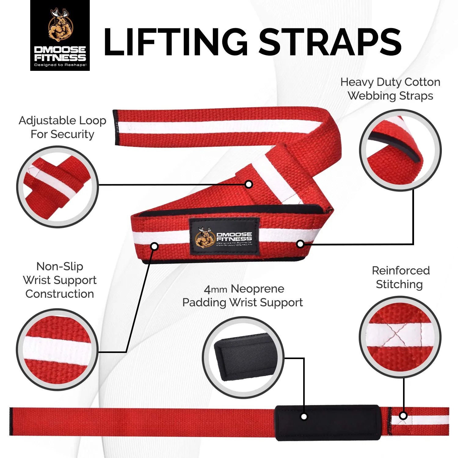 DMoose Fitness Lifting Straps for Weightlifting, Crossfit, or Powerlifting with Soft Neoprene Padded Wrist Support for Max Grip Strength, Deadlifts and Barbell Stability