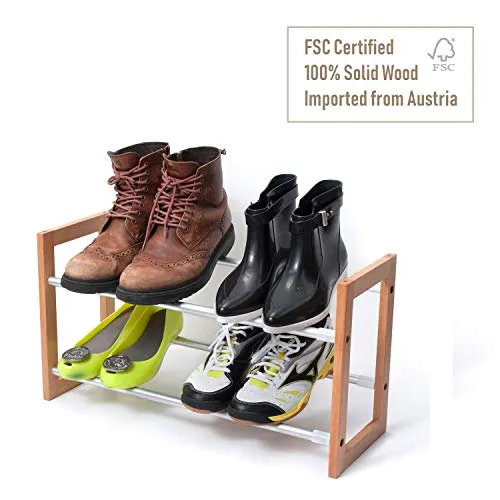 INNOKA 2-Tier Expandable Shoe Rack [Up to 12-Pair Shoe Rack] [Space-Saving] Adjustable Wooden and Aluminum Shoes Rack - Easy to Assemble, Perfect for Hallway Entrance & Wardrobe Shelf