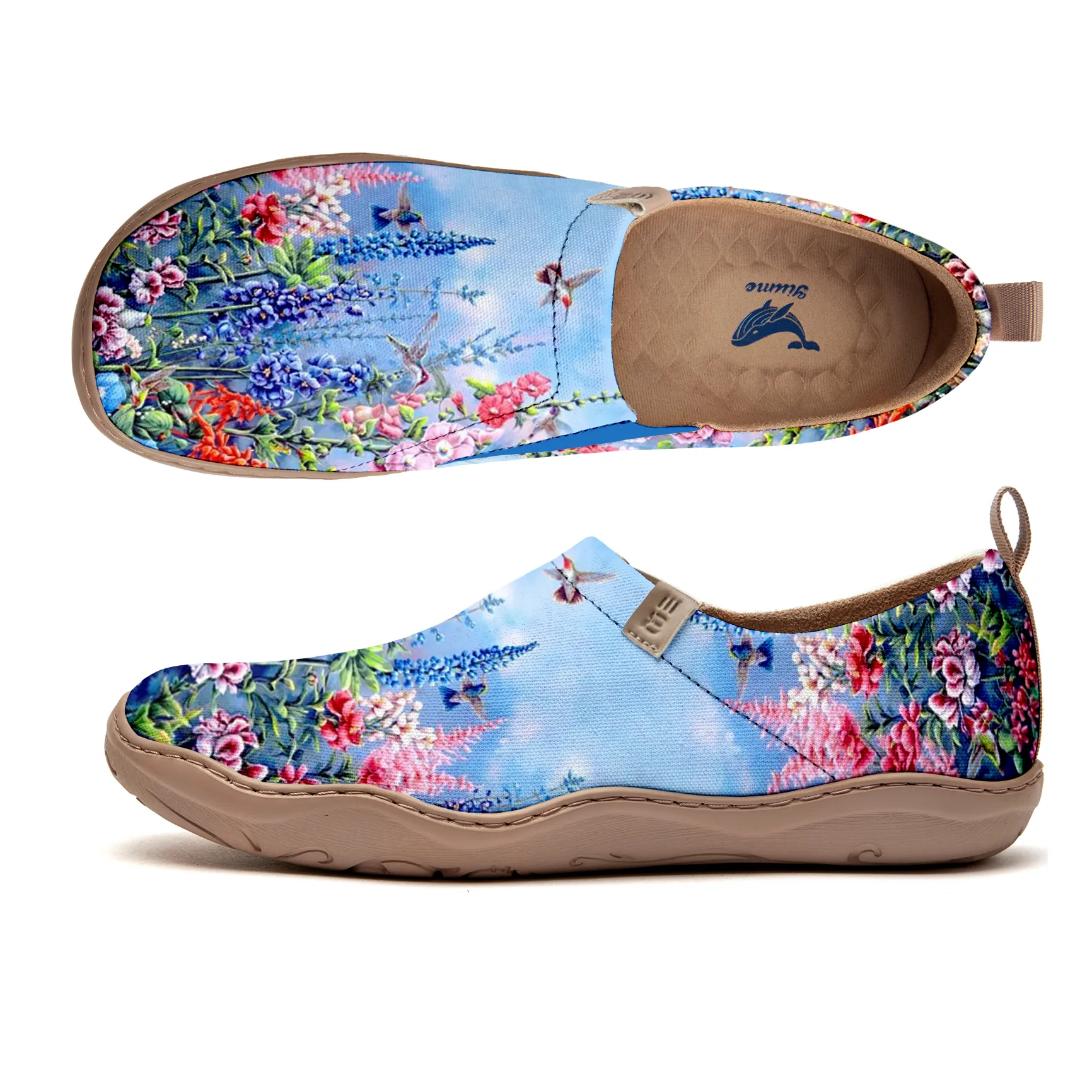 Women's Shoes With Blue Realistic Oil Painting Of Flowers And Birds