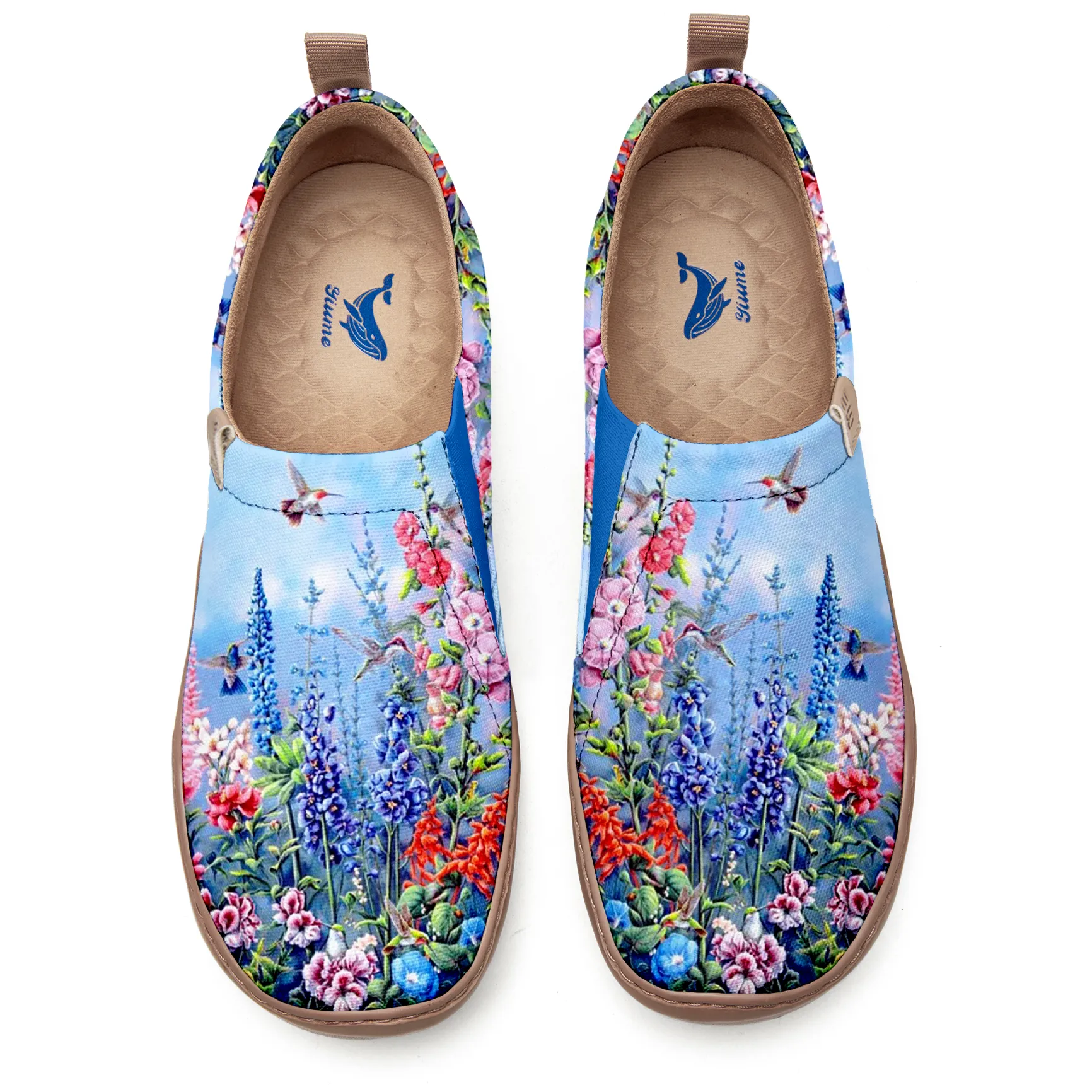 Women's Shoes With Blue Realistic Oil Painting Of Flowers And Birds