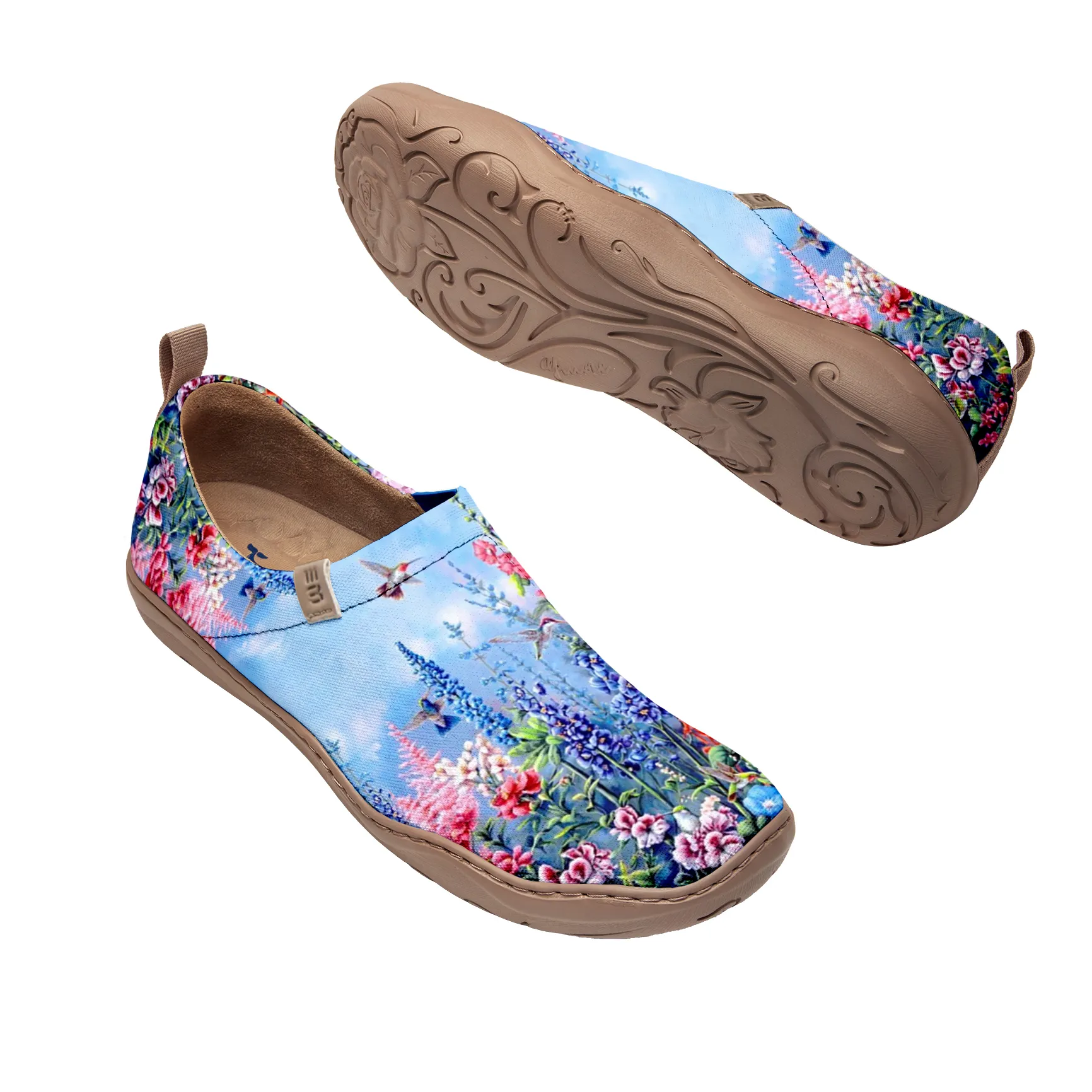 Women's Shoes With Blue Realistic Oil Painting Of Flowers And Birds